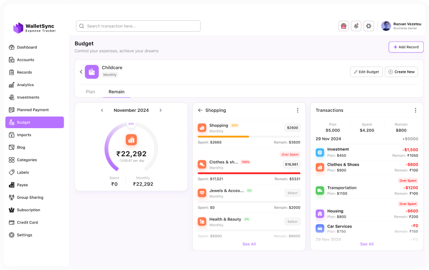 WalletSync monthly budget planner
