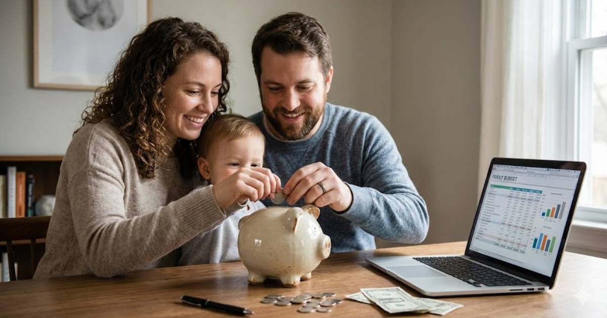Parents and child saving money together with a piggy bank while reviewing a family budget on a laptop