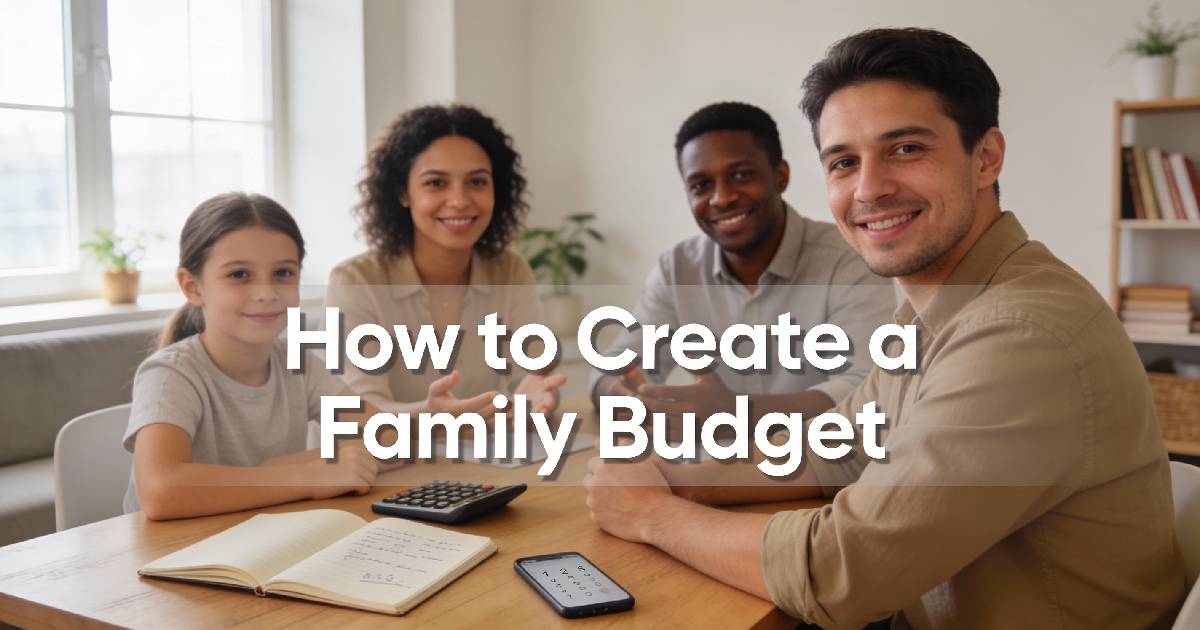 A family sitting together at a table reviewing expenses with a calculator and notebook, illustrating how to create a family budget step by step.